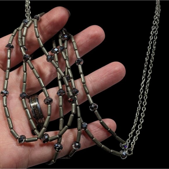 Elegant Glam Multilayer Metal And Glass Silver Tone Beaded Necklace - Picture 6 of 8